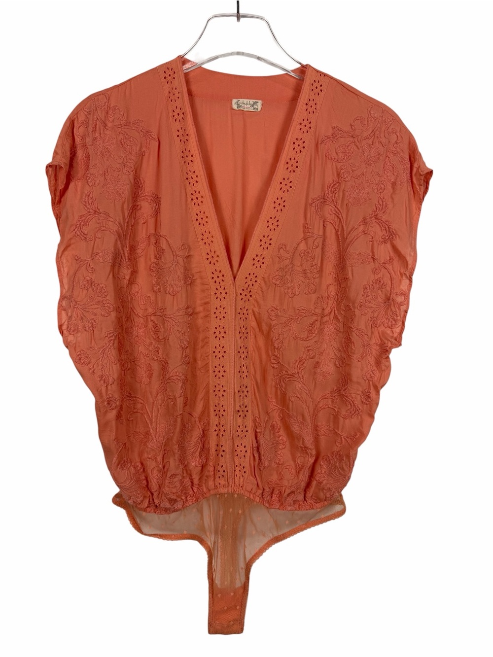 Free People Intimately Floral Embroidered Plunge Neck Bodysuit Peach Size Small